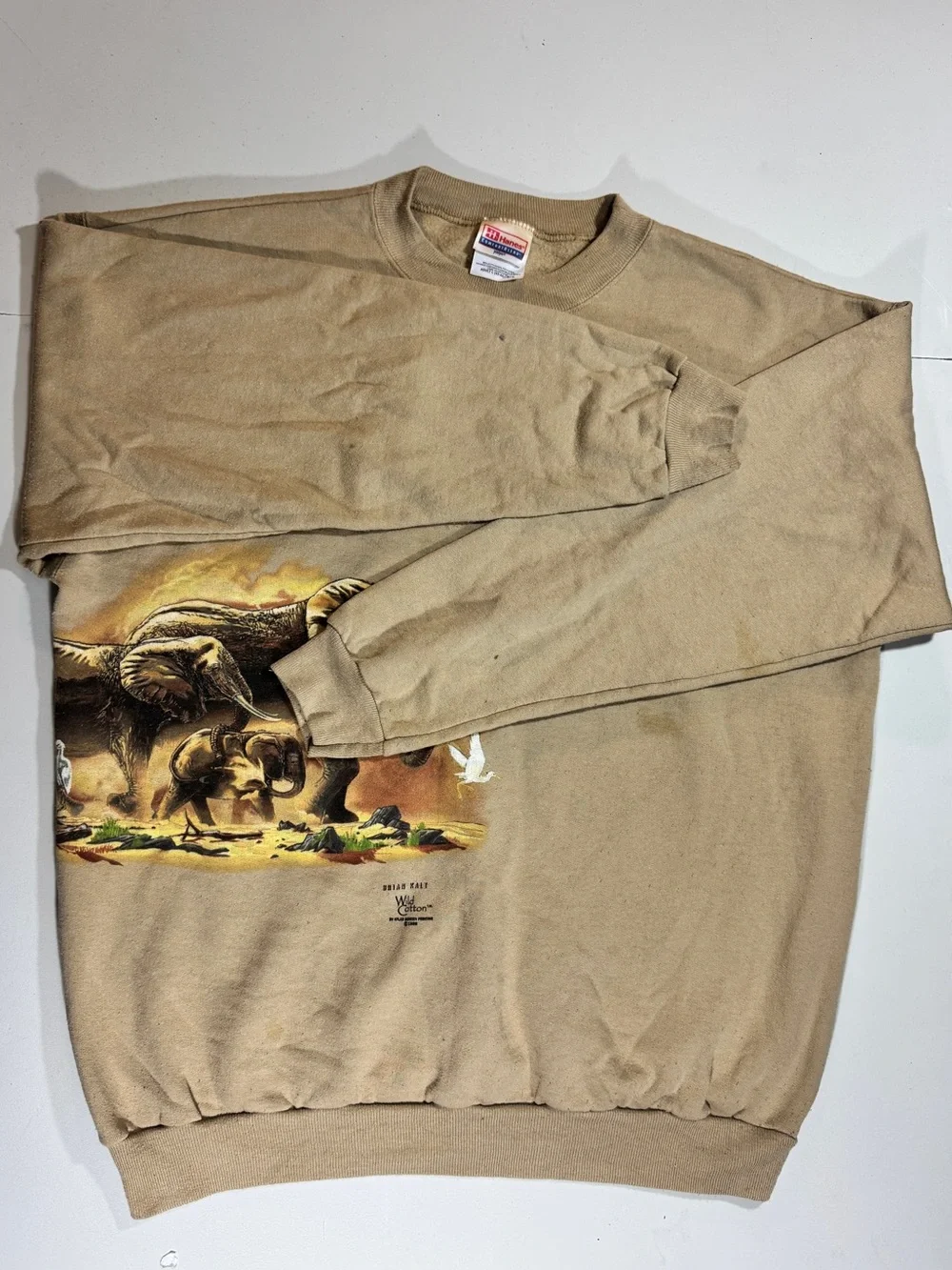 90s Vintage Hanes Wild Cotton Brian Kalt Elephant Sweatshirt Size L Made USA